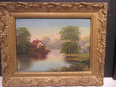 an oil painting of a house by a river with a boat in the water