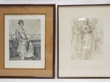 deux dessins encadrés représentant une femme et un homme assis sur un banc