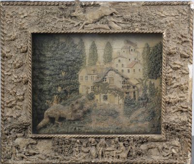 Petit tableau diorama en relief « Renard volant une poule. A…