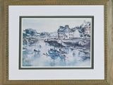 aquarelle encadrée représentant une scène de port avec des bateaux sur l'eau
