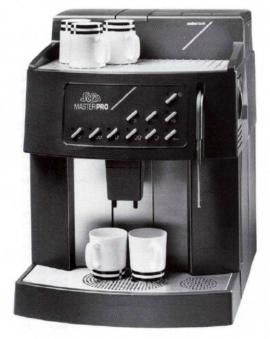 une machine à café sur laquelle sont posées deux tasses, sur fond blanc