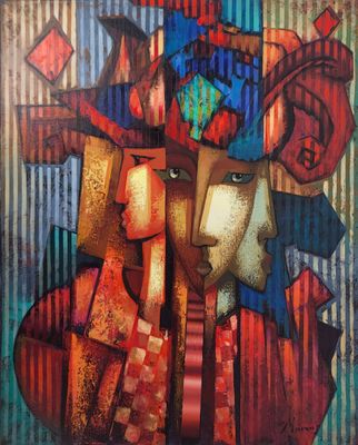 un tableau représentant le visage d'une femme coiffée d'un chapeau