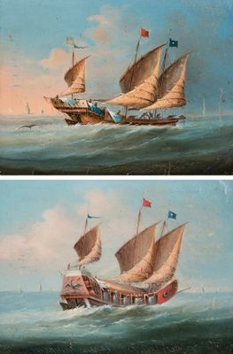 two pictures of a painting of two ships in the ocean