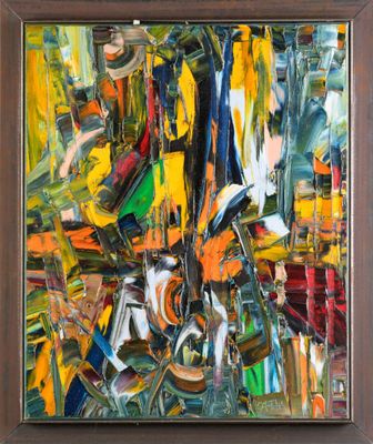 une peinture représentant une peinture d'un paysage urbain aux couleurs variées