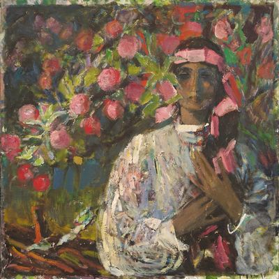 une peinture à l'huile représentant une femme assise devant un buisson fleuri
