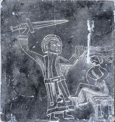 a drawing of a man holding a sword and a woman sitting on a stool