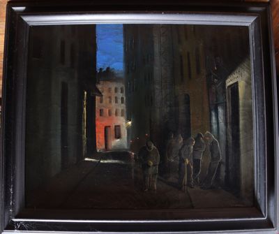 painting of a group of men walking down a street at night