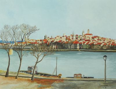 BERNARD (XXe). Vue d'Arles depuis Trinquetaille. Huile sur t…