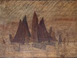 a painting of a group of sailboats on the water