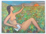 painting of a woman reading a book in a field of flowers