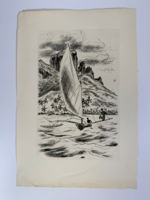 un vieux dessin représentant un voilier sur l'eau, avec une montagne en arrière-plan