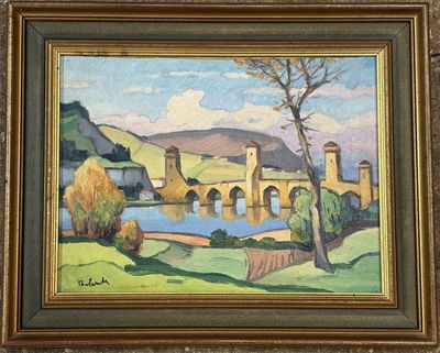 an image of a painting of a bridge over a river