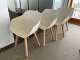 three chairs that are sitting in front of a window