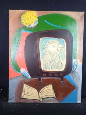 un tableau représentant un téléviseur sur lequel est posé un oiseau