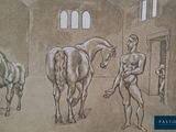 un dessin représentant un homme et deux chevaux dans une écurie