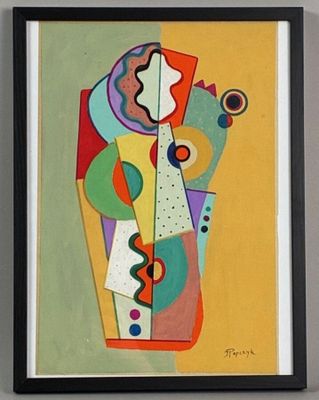 peinture représentant des formes et des couleurs abstraites sur un fond jaune