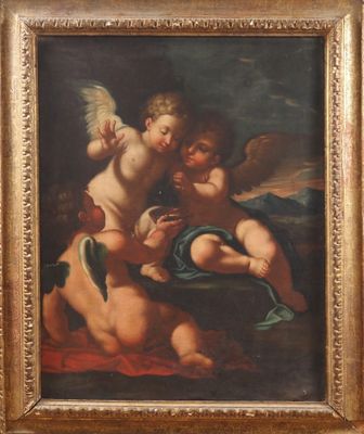 une image représentant un tableau où l'on voit deux anges sur une couverture rouge