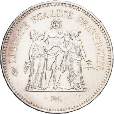 an old silver coin with the image of a man and two women on it