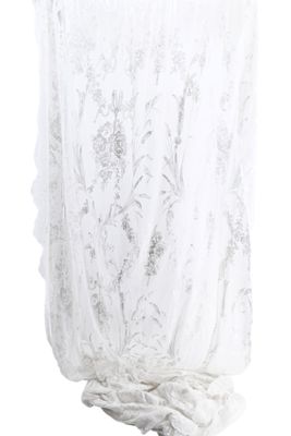 white sheery fabric with silver flowers on it on a white background