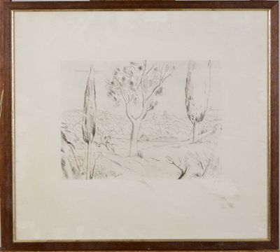 drawing of a landscape with trees and bushes in a wooden frame