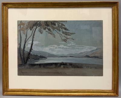 une image représentant un tableau représentant un paysage avec un lac en arrière-plan
