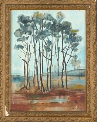 un tableau représentant un groupe d'arbres dans un champ