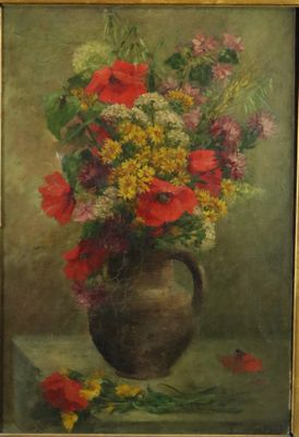 peinture d'un vase de fleurs sur une table dans une pièce