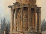 an old painting of a building with a man standing in front of it