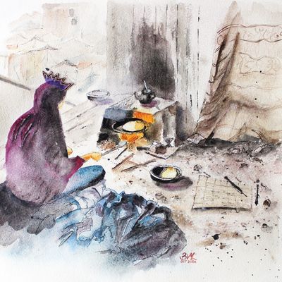 une aquarelle représentant une femme assise devant un poêle