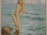 une peinture à l'huile représentant une femme debout dans l'eau, près d'un chien