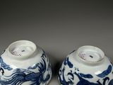 pair of blue and white vases with dragon designs on them