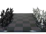 a glass chess board with a chess game set on it