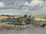 tableau représentant une vue d'un champ avec des arbres et des nuages