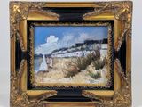 an oil painting of a beach scene with sailboats on the water