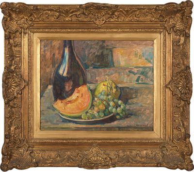 tableau représentant une nature morte avec une bouteille de vin et une assiette de fruits