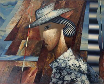 un tableau représentant une femme portant un chapeau et tenant une canne à pêche