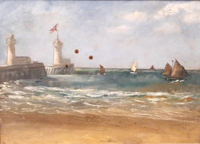 a painting of a lighthouse and sailboats in the water