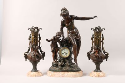 a statue of a woman holding a clock next to three vases