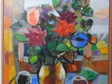 a painting of flowers in a vase on a table