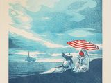 an image of a painting of two people sitting on a beach under an umbrella
