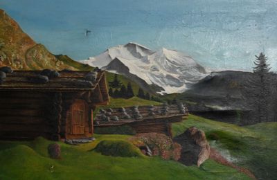 un tableau représentant une cabane dans les montagnes, avec une montagne en arrière-plan
