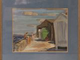 tableau représentant une cabane de plage avec un parasol vert au bord de l'océan