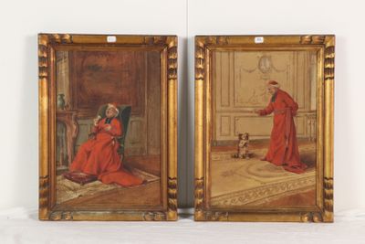 deux tableaux représentant un homme et une femme en robe rouge