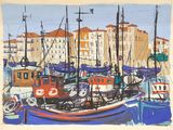 peinture de bateaux dans un port avec des bâtiments en arrière-plan