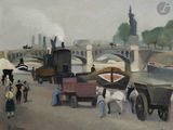 un tableau représentant des personnes marchant dans une rue, avec un cheval et une calèche