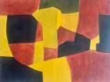 peinture abstraite représentant des formes rouges, jaunes et noires sur fond blanc