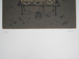 a drawing of a man sitting at a table with a dog