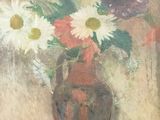 a painting of flowers in a vase on a table