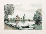 a watercolor painting of a boat on the water
