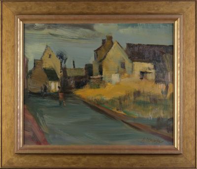 une image représentant une peinture d'une rue avec des maisons en arrière-plan